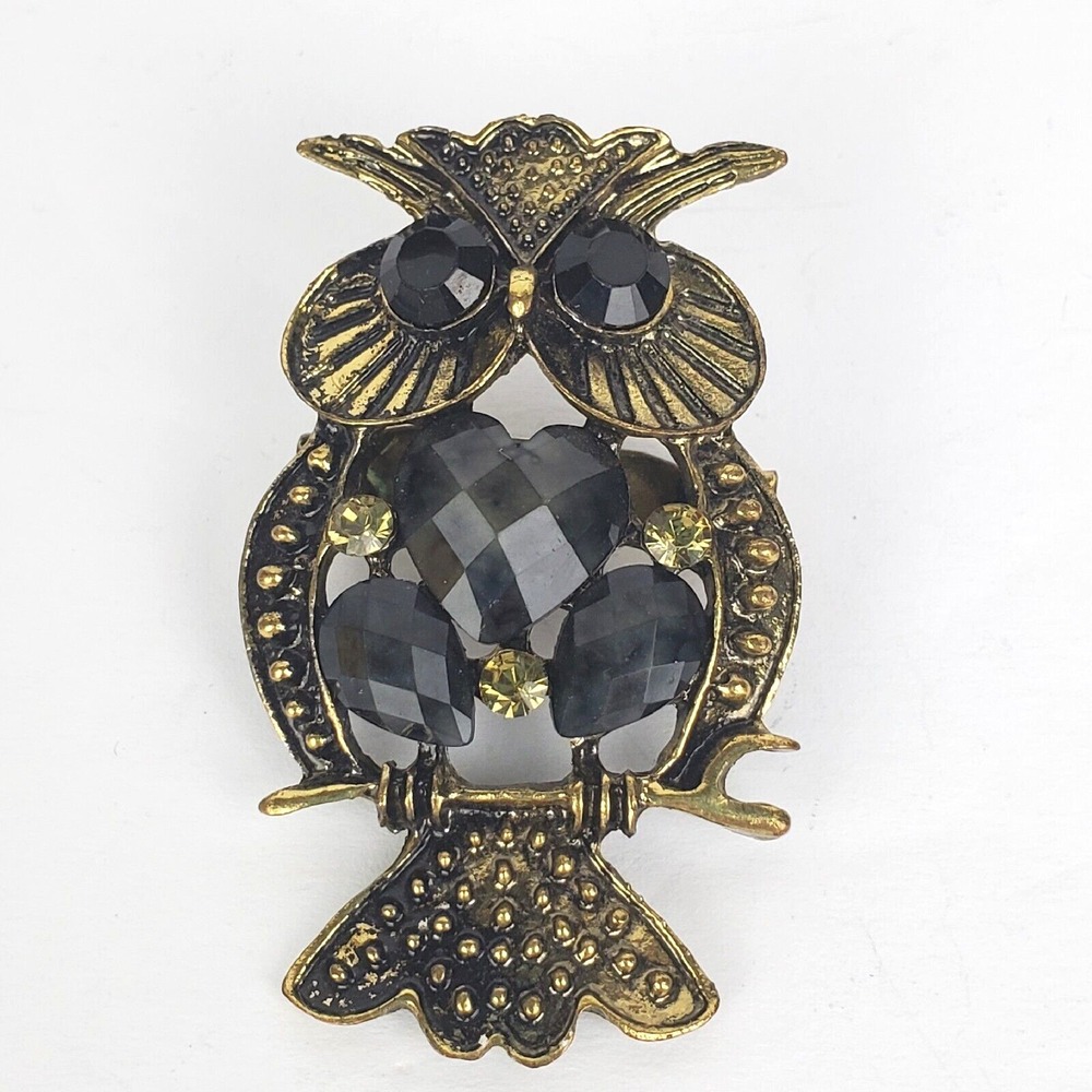 Brass Tone Black Faceted Rhinestones Owl Perched on Branch Brooch Pin Jewelry